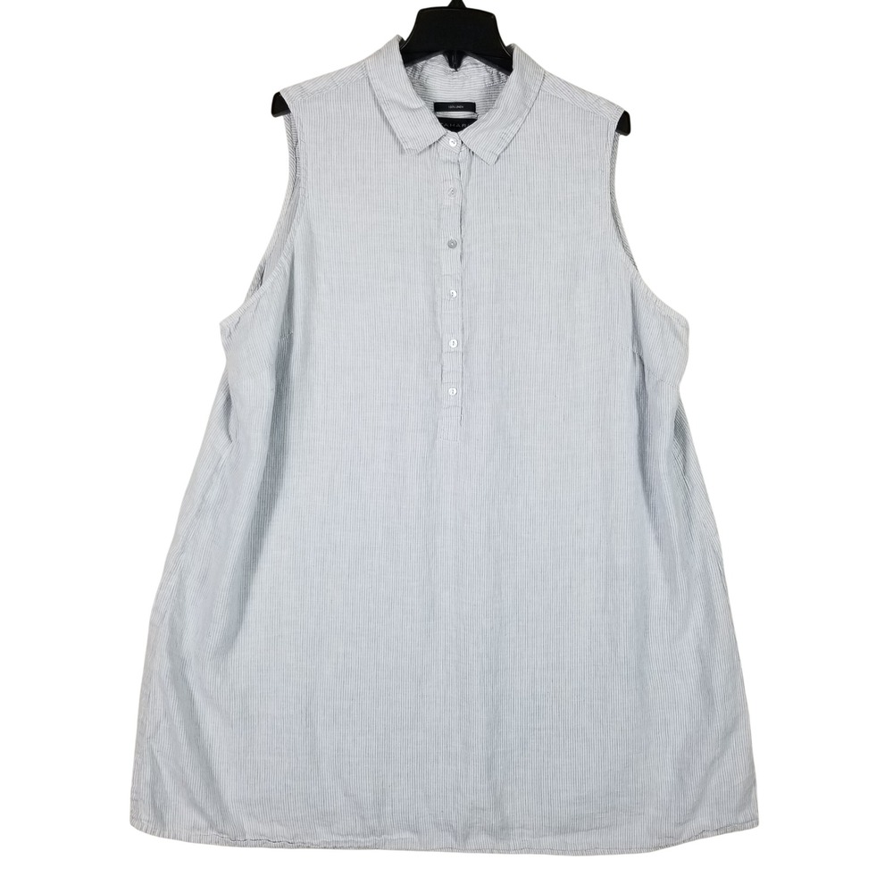 Tahari Tunic Shirt Women 3X Blue White Pinstripe Sleeveless 100% Linen Relaxed